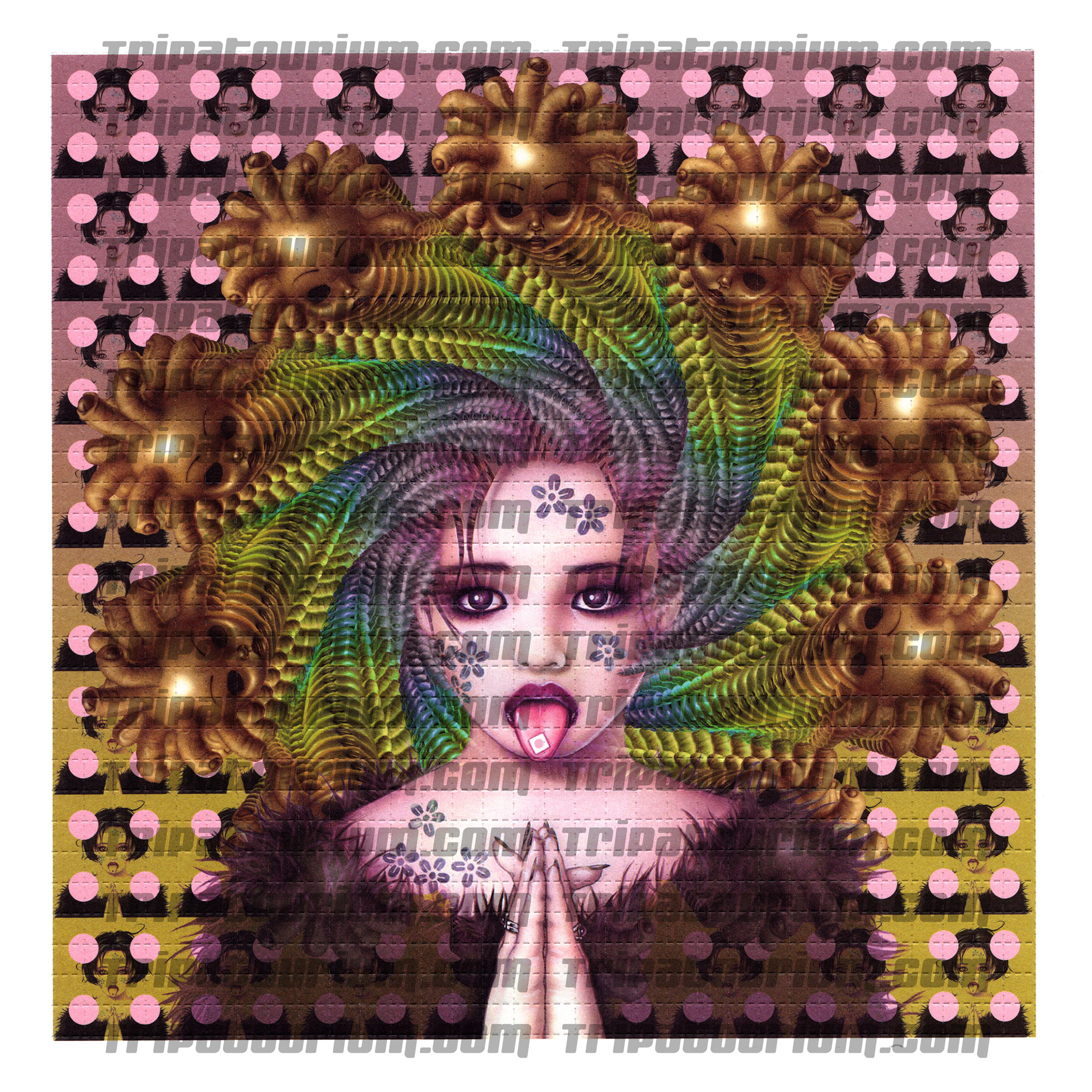 A scan of the LSD Blotter Art Print Little Strange Dots by Trevor Brown