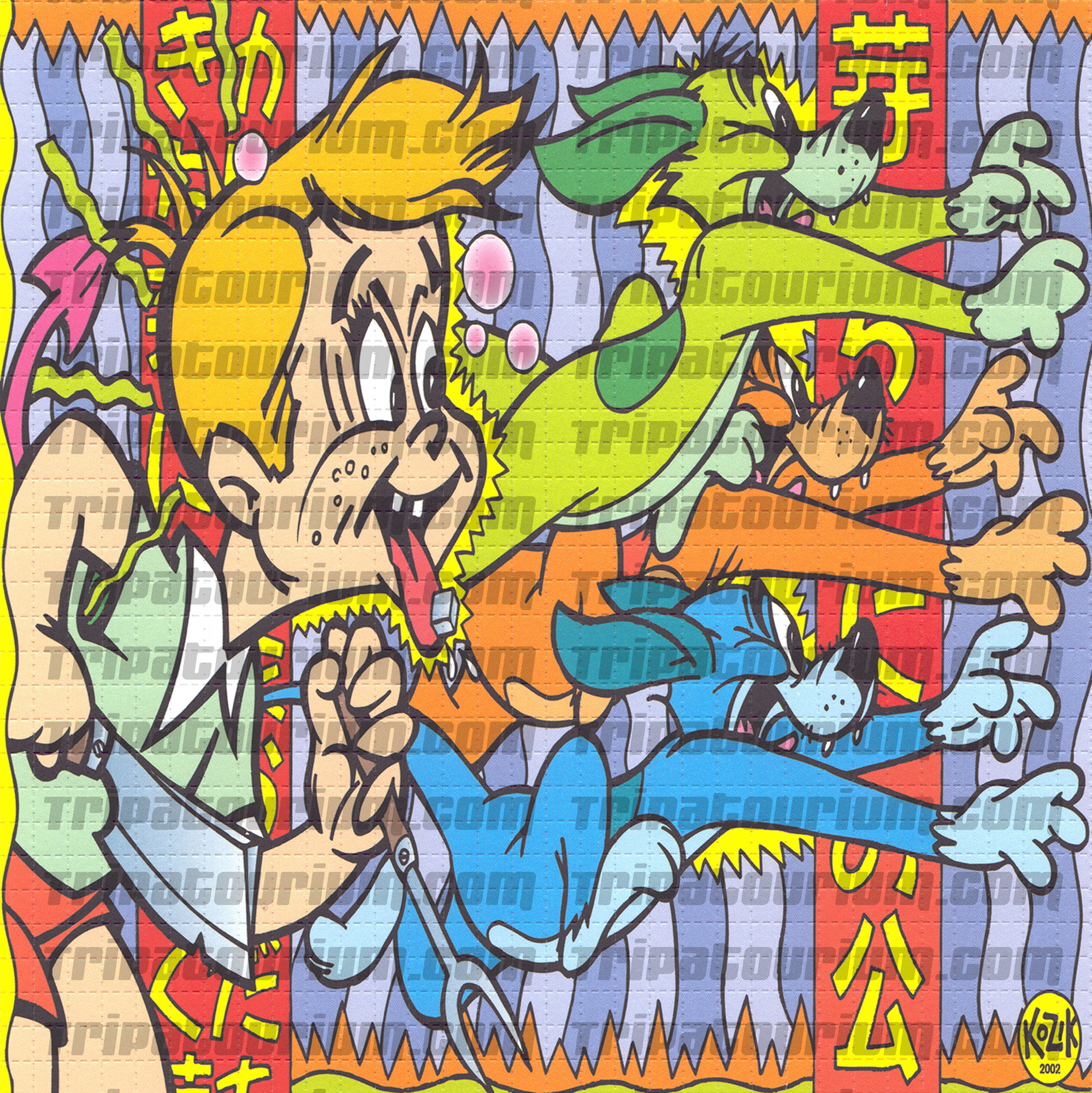 A scan of the LSD Blotter Art Print Tribute to Preston Blair by Frank Kozik