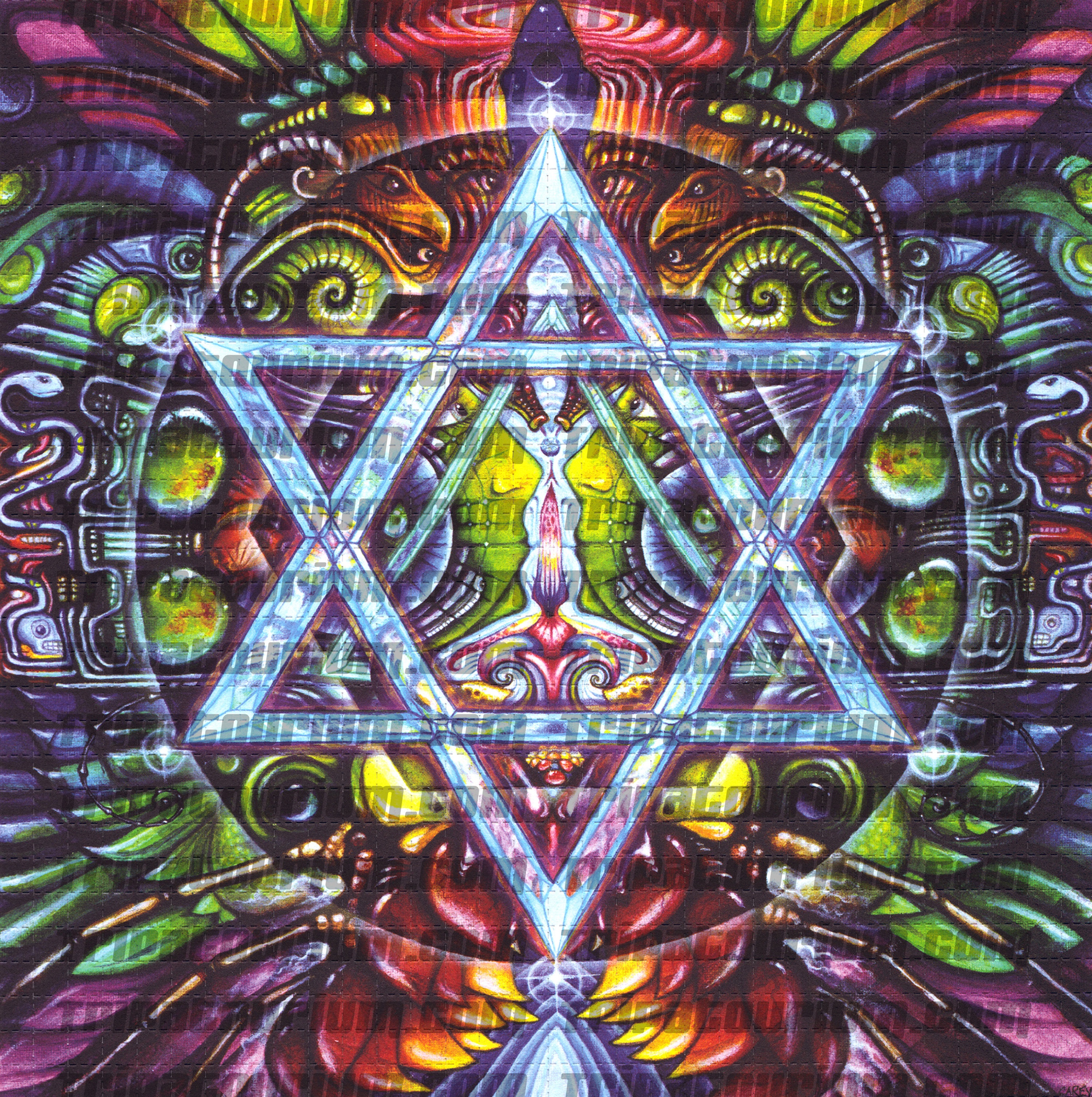 A scan of the LSD Blotter Art Print Harmonic Concordance by Carey Thompson