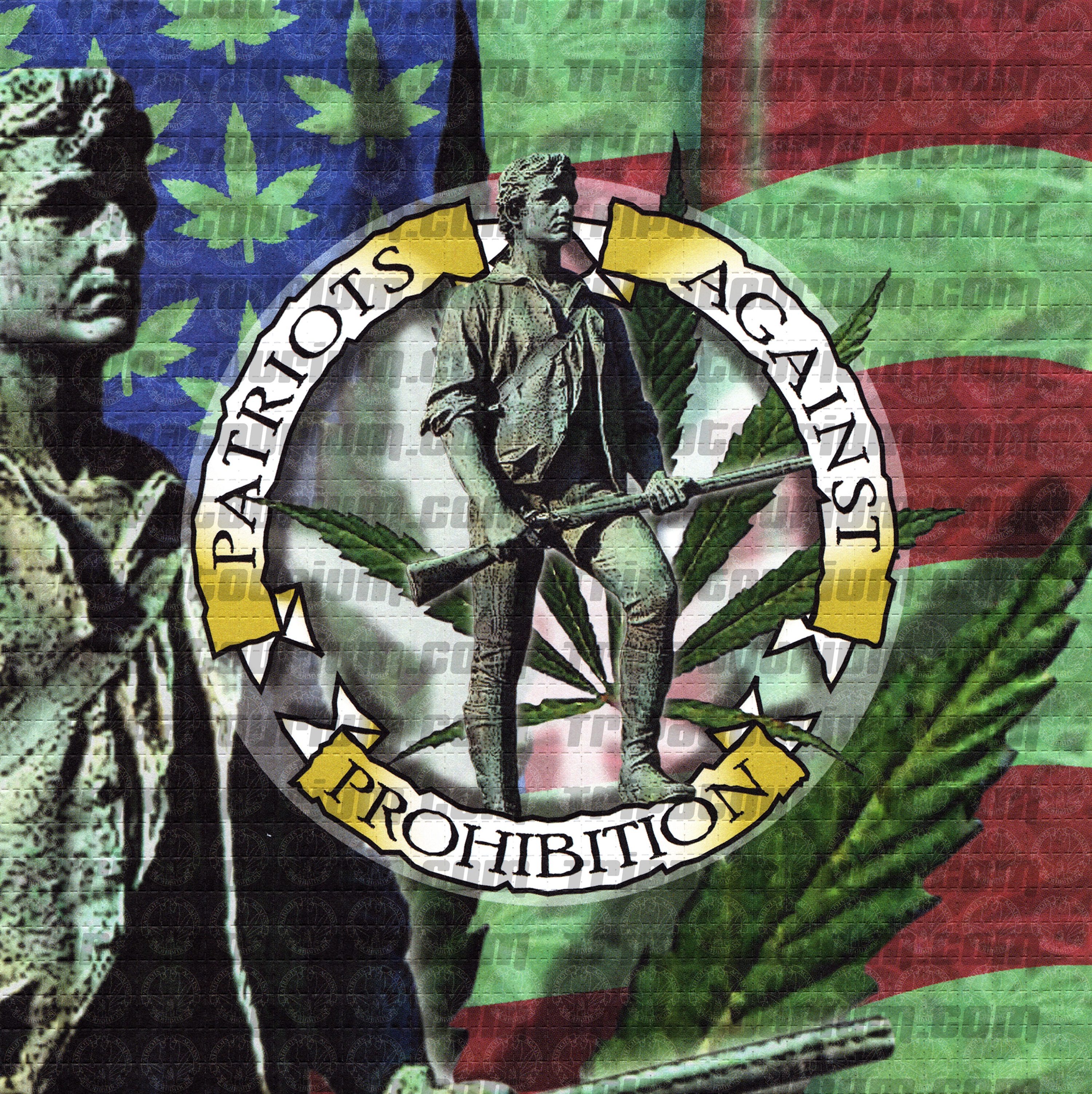 A scan of the LSD Blotter Art Print Patriots Against Prohibition by Rev. Samuel